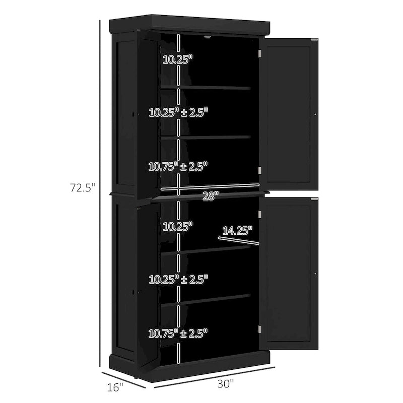 Armoire de rangement de cuisine de 72,5 po, placard de cuisine autoportant avec 4 portes et étagères réglables pour salle à manger, MDF