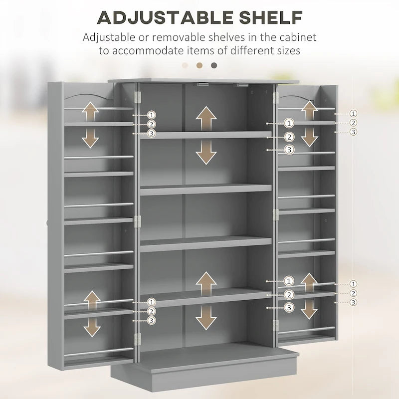 Armoire de rangement de cuisine de 72,5 po, placard de cuisine autoportant avec 4 portes et étagères réglables pour salle à manger, MDF