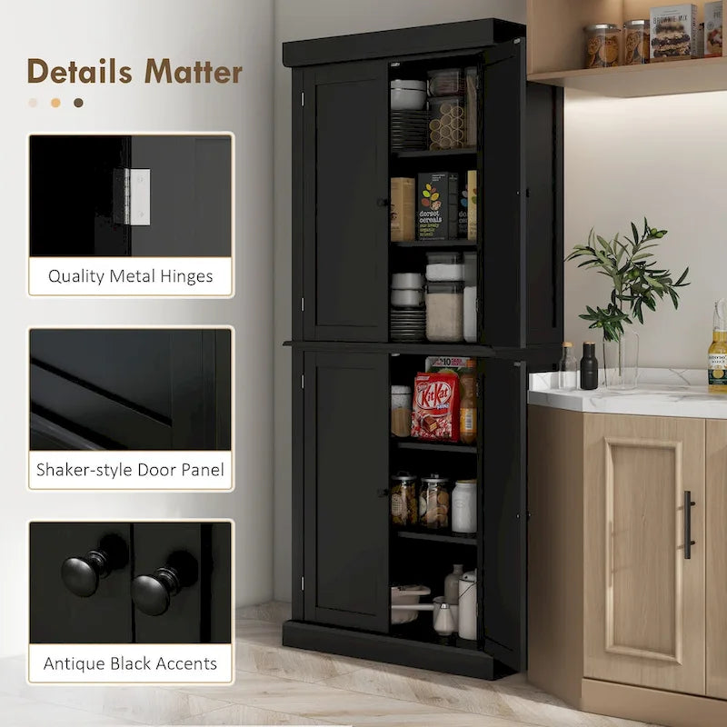 Armoire de rangement de cuisine de 72,5 po, placard de cuisine autoportant avec 4 portes et étagères réglables pour salle à manger, MDF