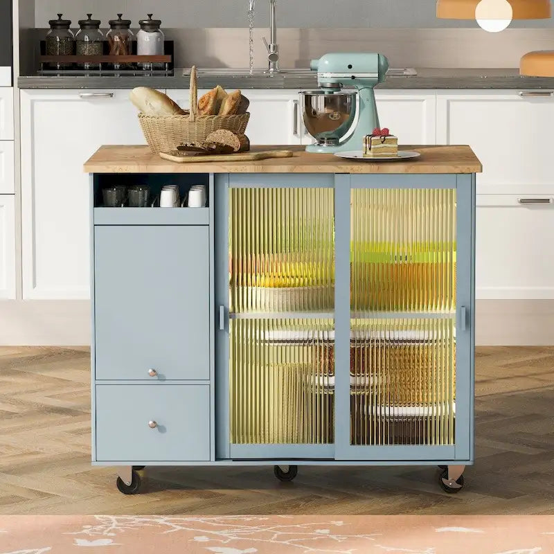 LED Wood 44.03 in. Kitchen Island with Flip Doors Sliding Glass Doors