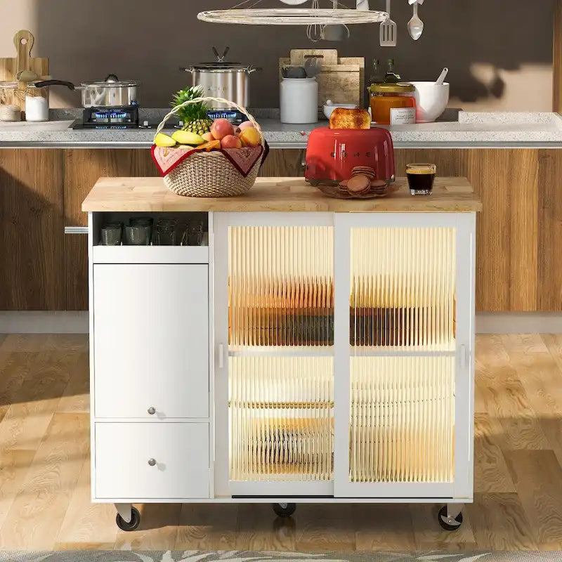 LED Wood 44.03 in. Kitchen Island with Flip Doors Sliding Glass Doors