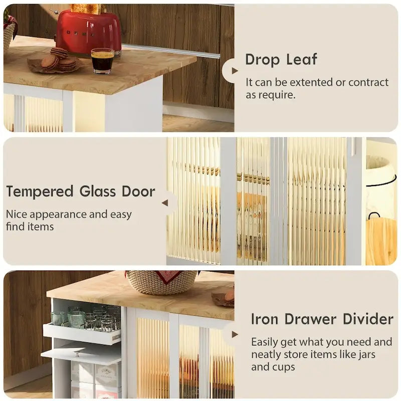 Îlot de cuisine en bois avec LED, 111,85 cm, portes basculantes et portes coulissantes en verre