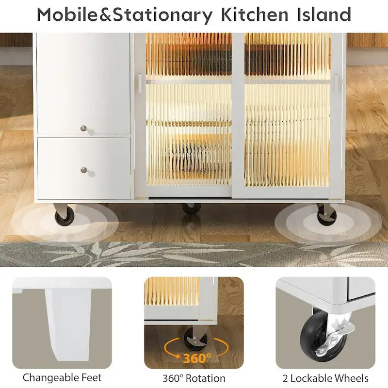 Îlot de cuisine en bois avec LED, 111,85 cm, portes basculantes et portes coulissantes en verre