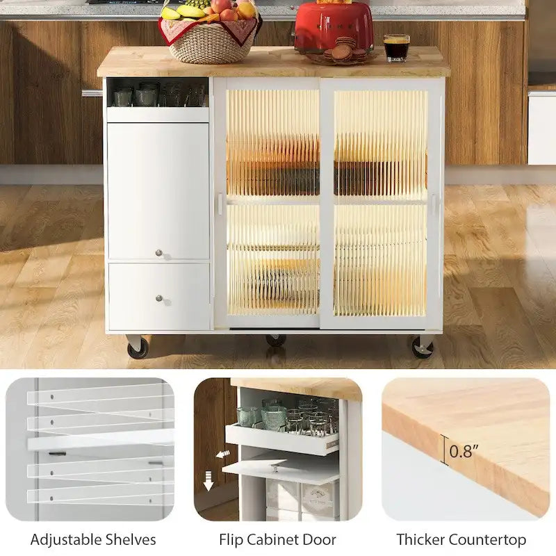 Îlot de cuisine en bois avec LED, 111,85 cm, portes basculantes et portes coulissantes en verre