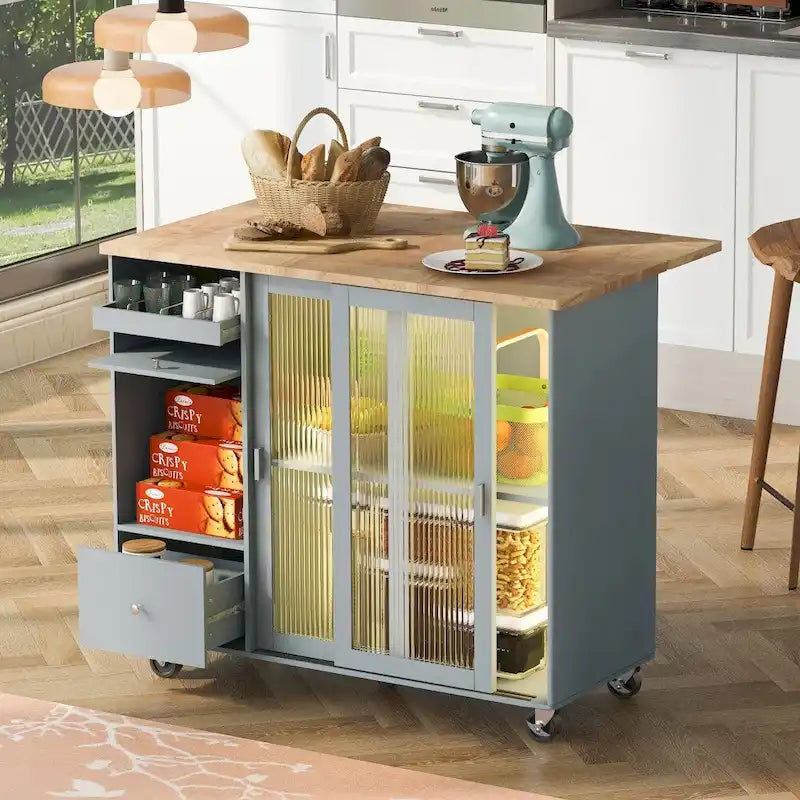Îlot de cuisine en bois avec LED, 111,85 cm, portes basculantes et portes coulissantes en verre
