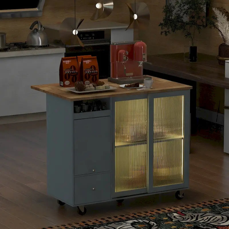 Îlot de cuisine en bois avec LED, 111,85 cm, portes basculantes et portes coulissantes en verre