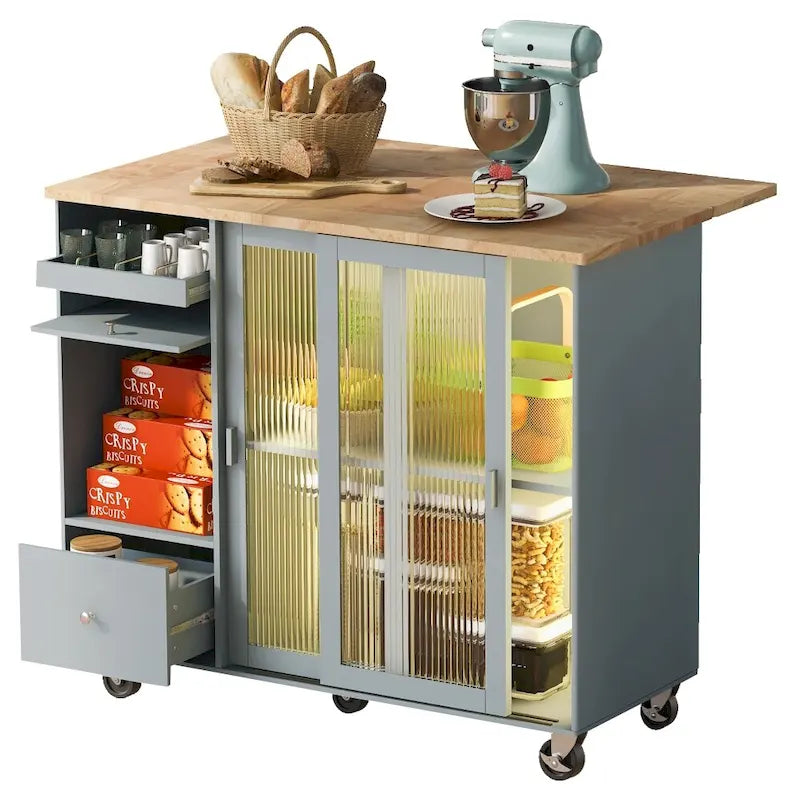 Îlot de cuisine en bois avec LED, 111,85 cm, portes basculantes et portes coulissantes en verre