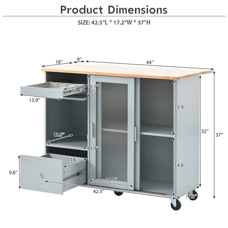 Îlot de cuisine en bois avec LED, 111,85 cm, portes basculantes et portes coulissantes en verre