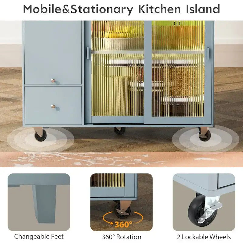 Îlot de cuisine en bois avec LED, 111,85 cm, portes basculantes et portes coulissantes en verre