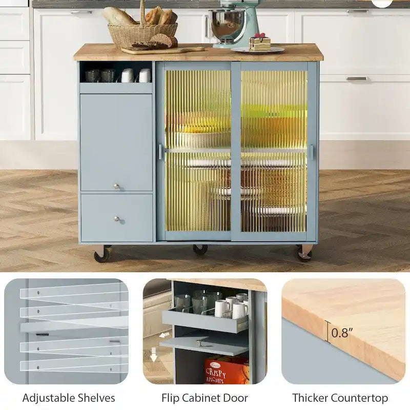 Îlot de cuisine en bois avec LED, 111,85 cm, portes basculantes et portes coulissantes en verre