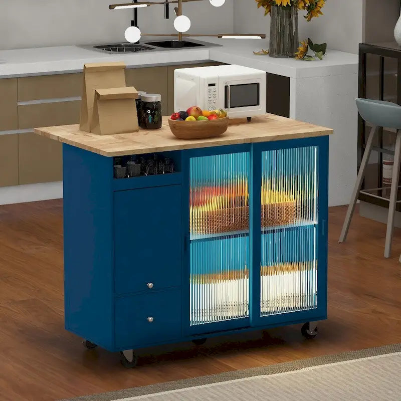 Îlot de cuisine en bois avec LED, 111,85 cm, portes basculantes et portes coulissantes en verre