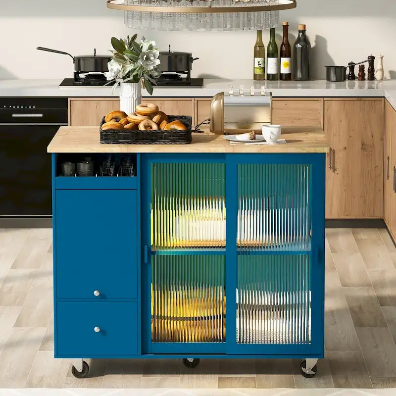 Îlot de cuisine en bois avec LED, 111,85 cm, portes basculantes et portes coulissantes en verre