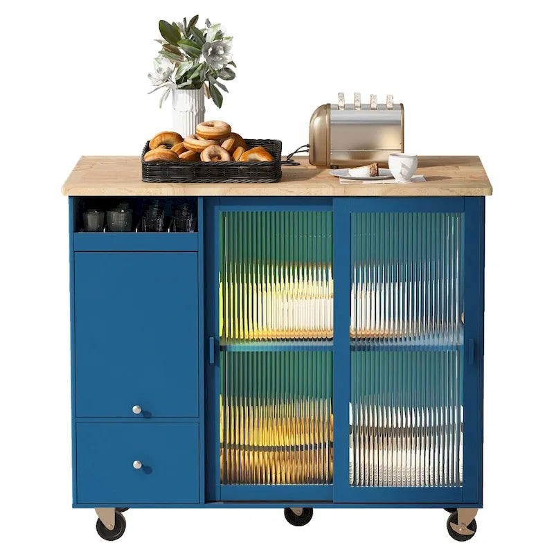 Îlot de cuisine en bois avec LED, 111,85 cm, portes basculantes et portes coulissantes en verre