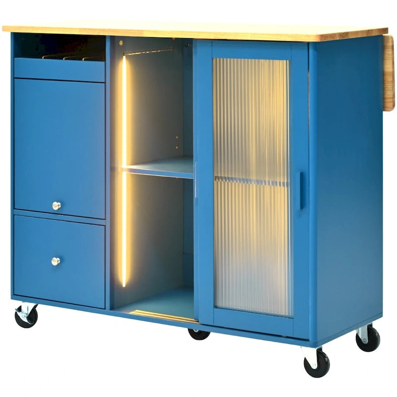 Îlot de cuisine en bois avec LED, 111,85 cm, portes basculantes et portes coulissantes en verre