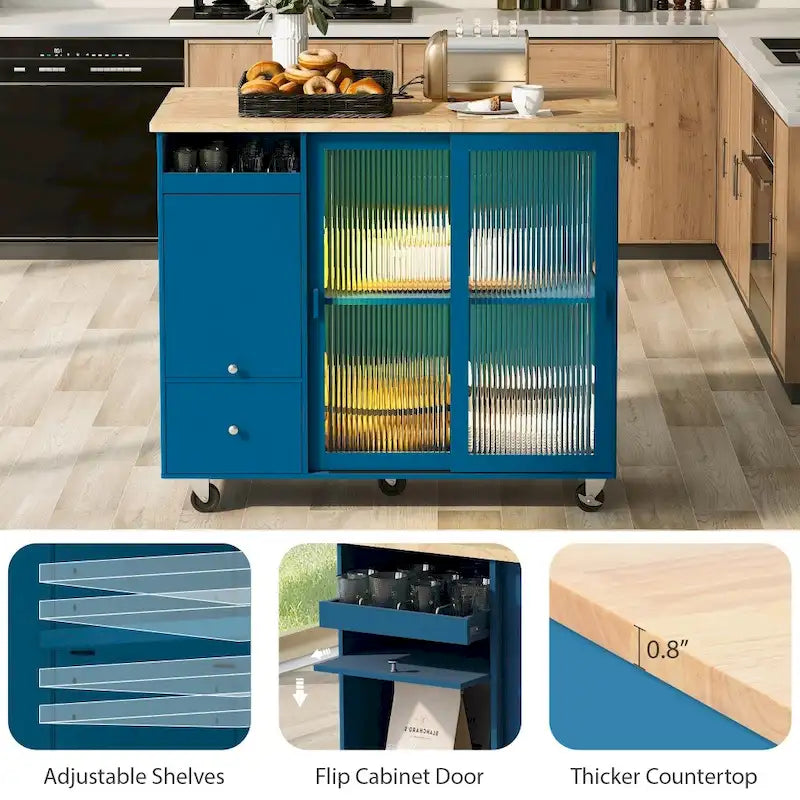 Îlot de cuisine en bois avec LED, 111,85 cm, portes basculantes et portes coulissantes en verre