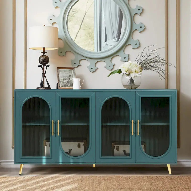 Wood Tv Stand With Storage Cabinet & Adjustable Shelves