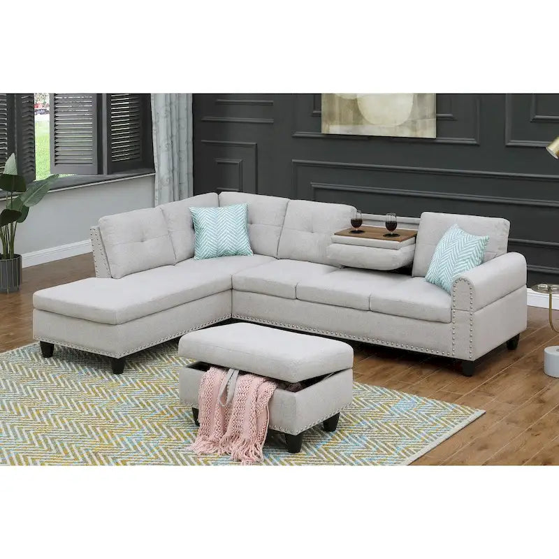 Canapé 3 places et méridienne à gauche avec pouf 98 po de large