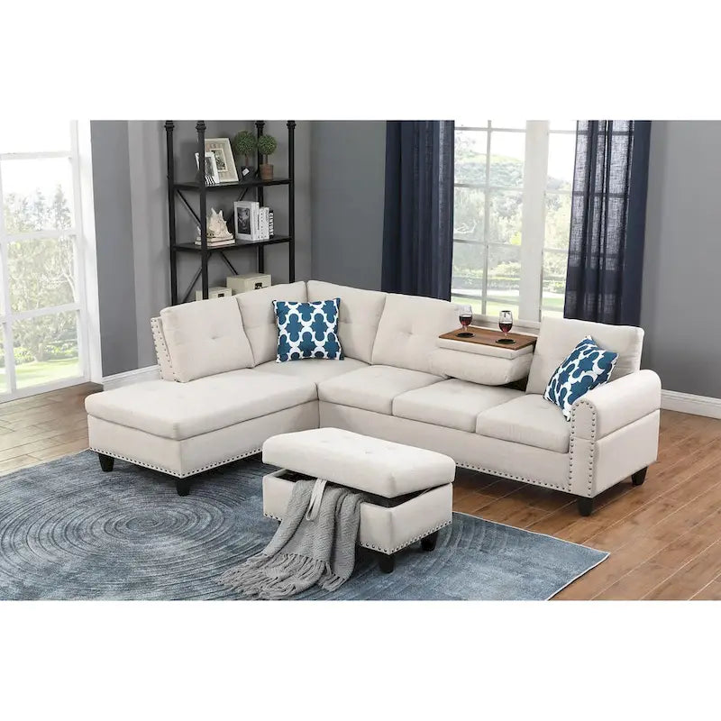 Canapé 3 places et méridienne à gauche avec pouf 98 po de large