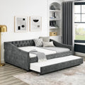 Lit de Repos Grand Format avec Lit Gigogne Simple, Canapé-lit Rembourré Capitonnage avec Boutons au Dos et Clous en Cuivre sur Accoudoirs Ondulés