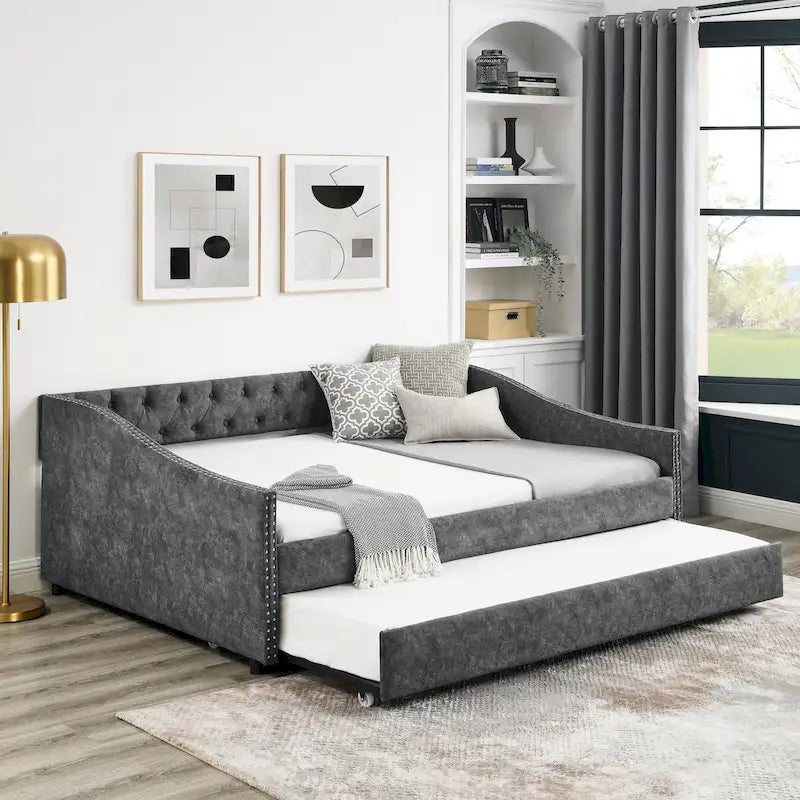 Lit de Repos Grand Format avec Lit Gigogne Simple, Canapé-lit Rembourré Capitonnage avec Boutons au Dos et Clous en Cuivre sur Accoudoirs Ondulés