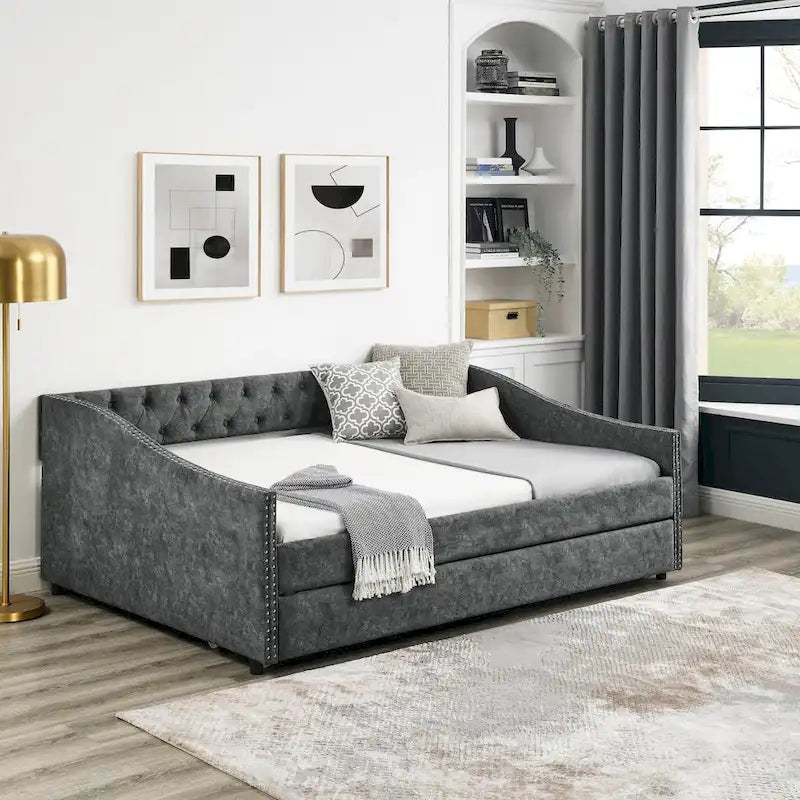Lit de Repos Grand Format avec Lit Gigogne Simple, Canapé-lit Rembourré Capitonnage avec Boutons au Dos et Clous en Cuivre sur Accoudoirs Ondulés