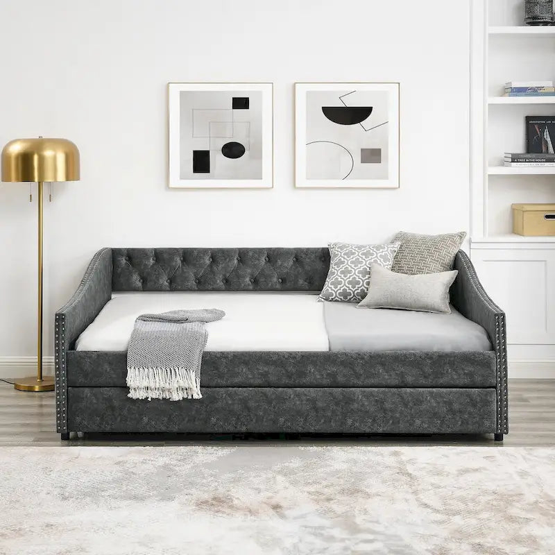 Lit de Repos Grand Format avec Lit Gigogne Simple, Canapé-lit Rembourré Capitonnage avec Boutons au Dos et Clous en Cuivre sur Accoudoirs Ondulés