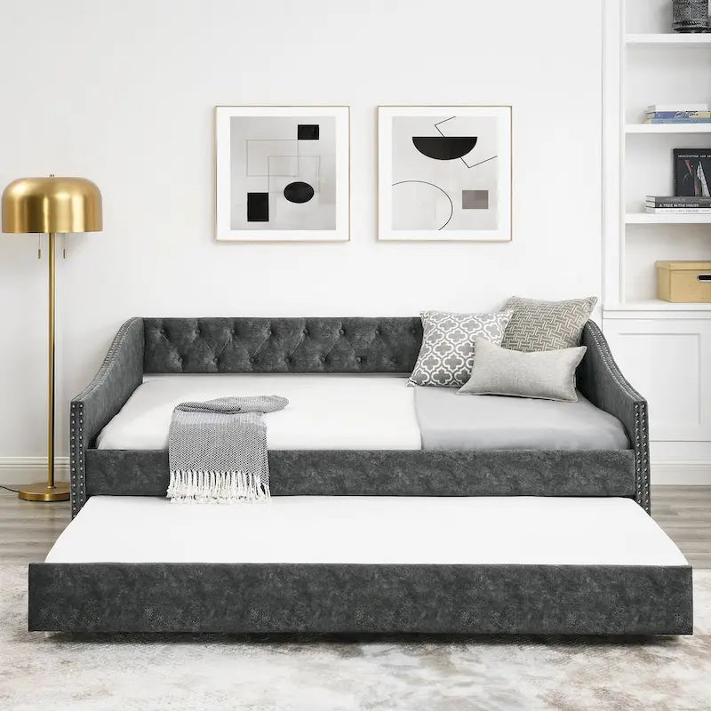 Lit de Repos Grand Format avec Lit Gigogne Simple, Canapé-lit Rembourré Capitonnage avec Boutons au Dos et Clous en Cuivre sur Accoudoirs Ondulés