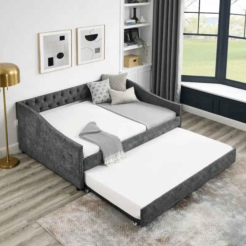 Lit de Repos Grand Format avec Lit Gigogne Simple, Canapé-lit Rembourré Capitonnage avec Boutons au Dos et Clous en Cuivre sur Accoudoirs Ondulés