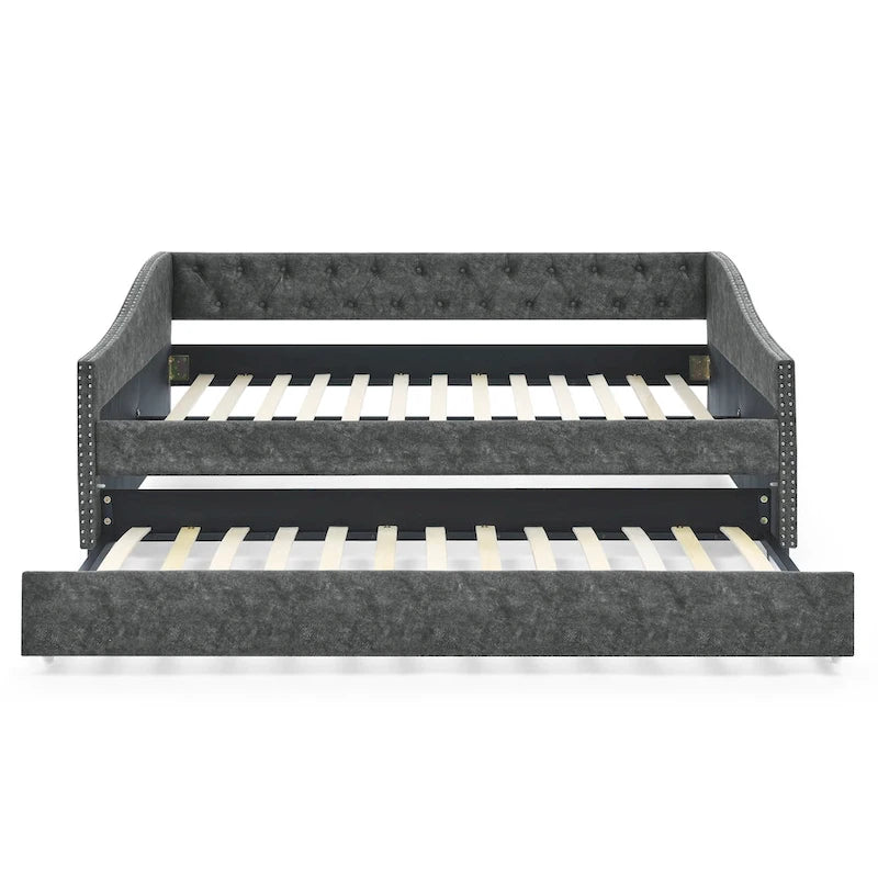 Lit de Repos Grand Format avec Lit Gigogne Simple, Canapé-lit Rembourré Capitonnage avec Boutons au Dos et Clous en Cuivre sur Accoudoirs Ondulés