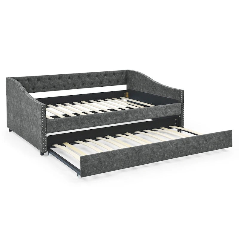 Lit de Repos Grand Format avec Lit Gigogne Simple, Canapé-lit Rembourré Capitonnage avec Boutons au Dos et Clous en Cuivre sur Accoudoirs Ondulés