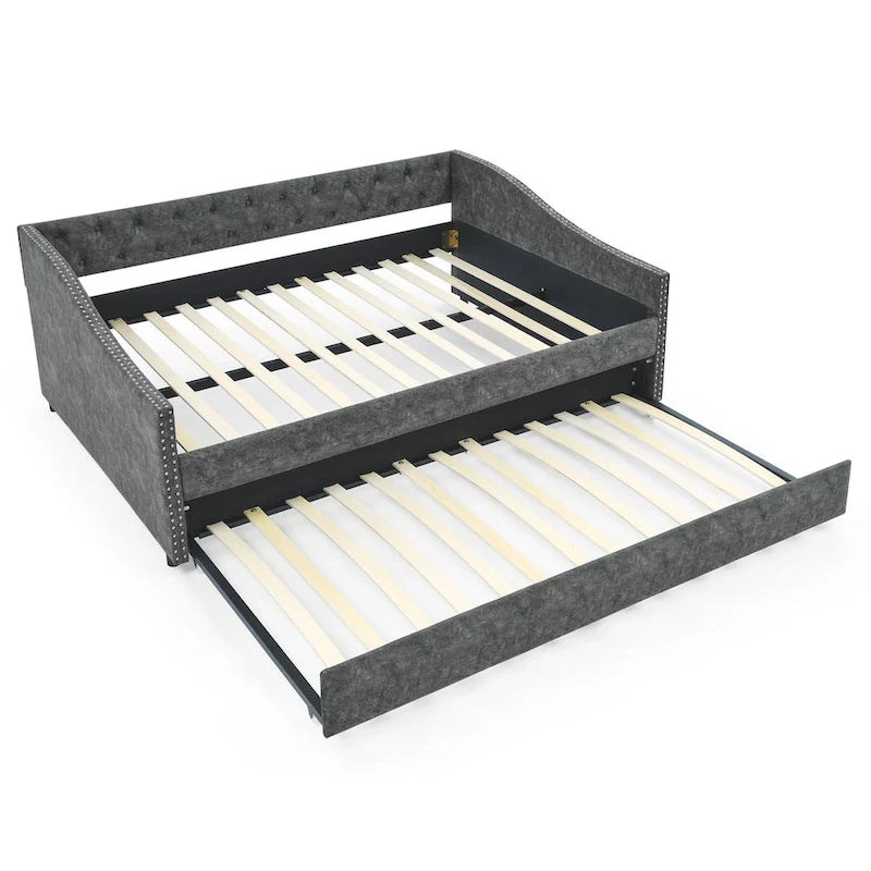 Lit de Repos Grand Format avec Lit Gigogne Simple, Canapé-lit Rembourré Capitonnage avec Boutons au Dos et Clous en Cuivre sur Accoudoirs Ondulés