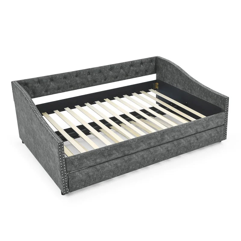Lit de Repos Grand Format avec Lit Gigogne Simple, Canapé-lit Rembourré Capitonnage avec Boutons au Dos et Clous en Cuivre sur Accoudoirs Ondulés