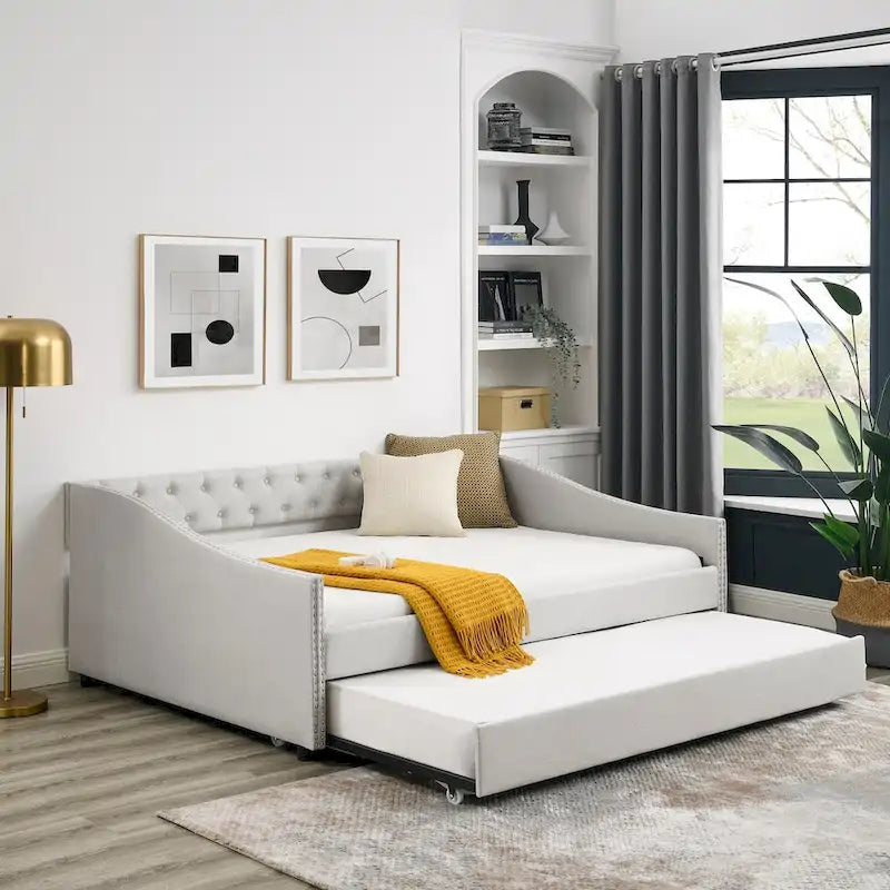 Lit de Repos Grand Format avec Lit Gigogne Simple, Canapé-lit Rembourré Capitonnage avec Boutons au Dos et Clous en Cuivre sur Accoudoirs Ondulés
