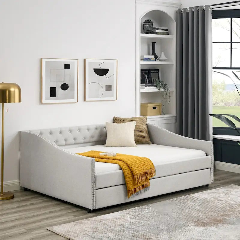 Lit de Repos Grand Format avec Lit Gigogne Simple, Canapé-lit Rembourré Capitonnage avec Boutons au Dos et Clous en Cuivre sur Accoudoirs Ondulés