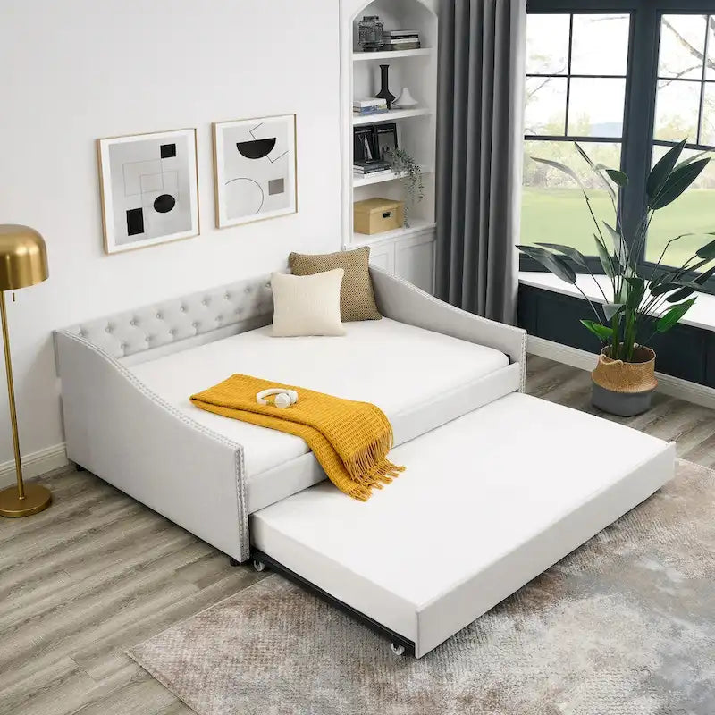 Lit de Repos Grand Format avec Lit Gigogne Simple, Canapé-lit Rembourré Capitonnage avec Boutons au Dos et Clous en Cuivre sur Accoudoirs Ondulés