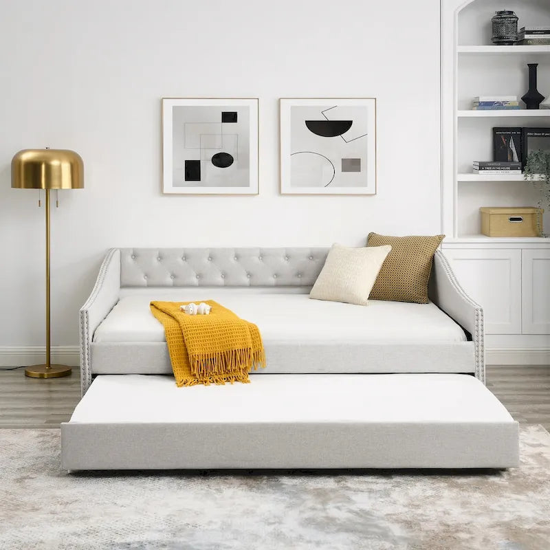 Lit de Repos Grand Format avec Lit Gigogne Simple, Canapé-lit Rembourré Capitonnage avec Boutons au Dos et Clous en Cuivre sur Accoudoirs Ondulés