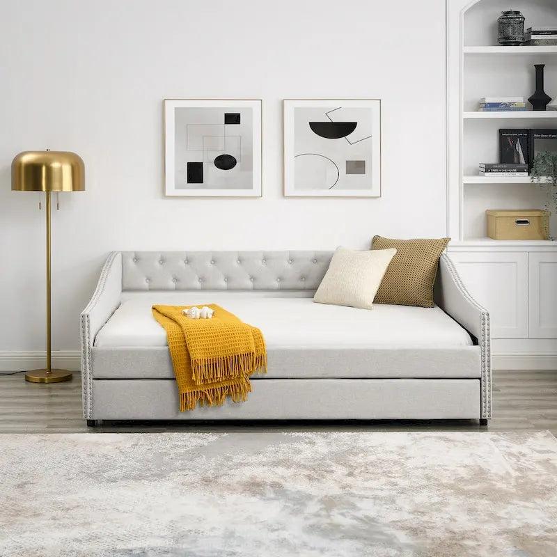 Lit de Repos Grand Format avec Lit Gigogne Simple, Canapé-lit Rembourré Capitonnage avec Boutons au Dos et Clous en Cuivre sur Accoudoirs Ondulés
