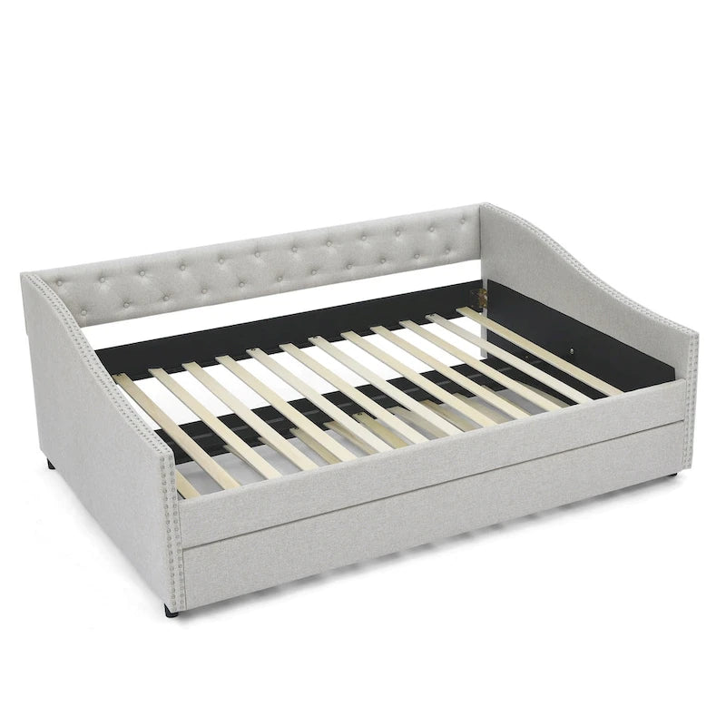 Lit de Repos Grand Format avec Lit Gigogne Simple, Canapé-lit Rembourré Capitonnage avec Boutons au Dos et Clous en Cuivre sur Accoudoirs Ondulés