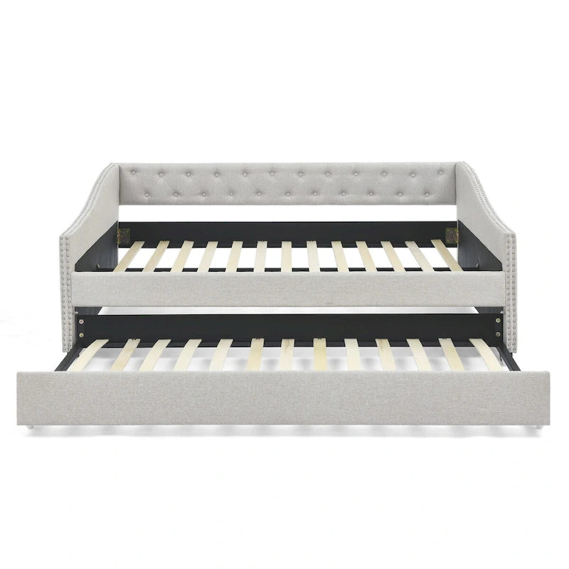 Lit de Repos Grand Format avec Lit Gigogne Simple, Canapé-lit Rembourré Capitonnage avec Boutons au Dos et Clous en Cuivre sur Accoudoirs Ondulés