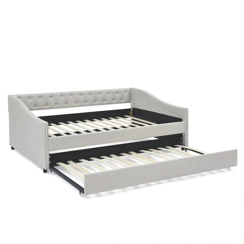 Lit de Repos Grand Format avec Lit Gigogne Simple, Canapé-lit Rembourré Capitonnage avec Boutons au Dos et Clous en Cuivre sur Accoudoirs Ondulés