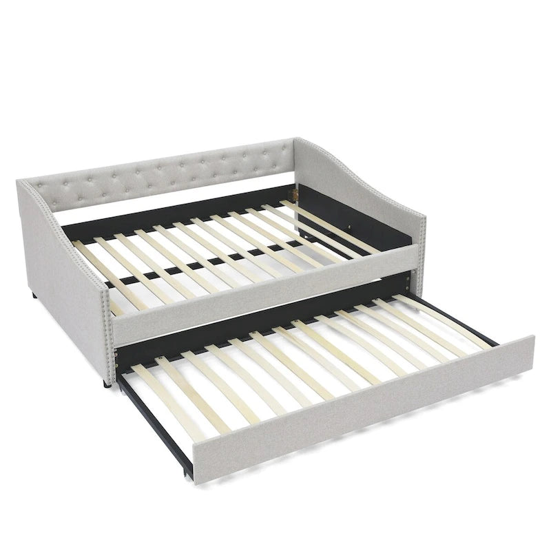 Lit de Repos Grand Format avec Lit Gigogne Simple, Canapé-lit Rembourré Capitonnage avec Boutons au Dos et Clous en Cuivre sur Accoudoirs Ondulés