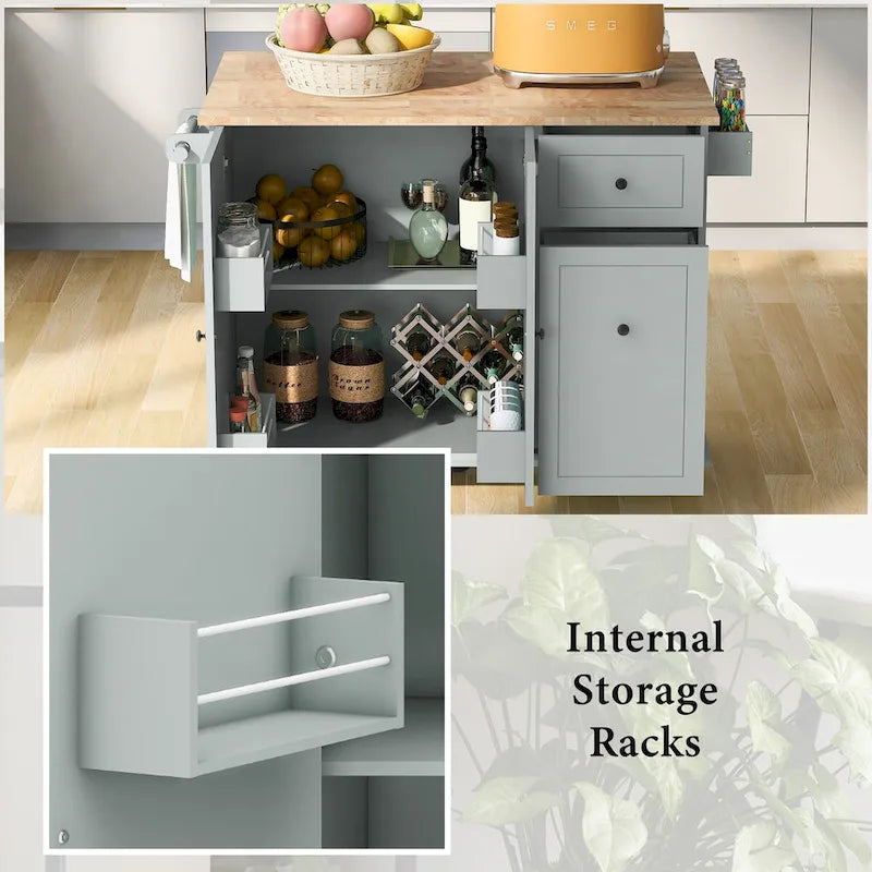 53.9 Width Rolling Kitchen Cart on Wheels with Internal Storage Rack - N/A