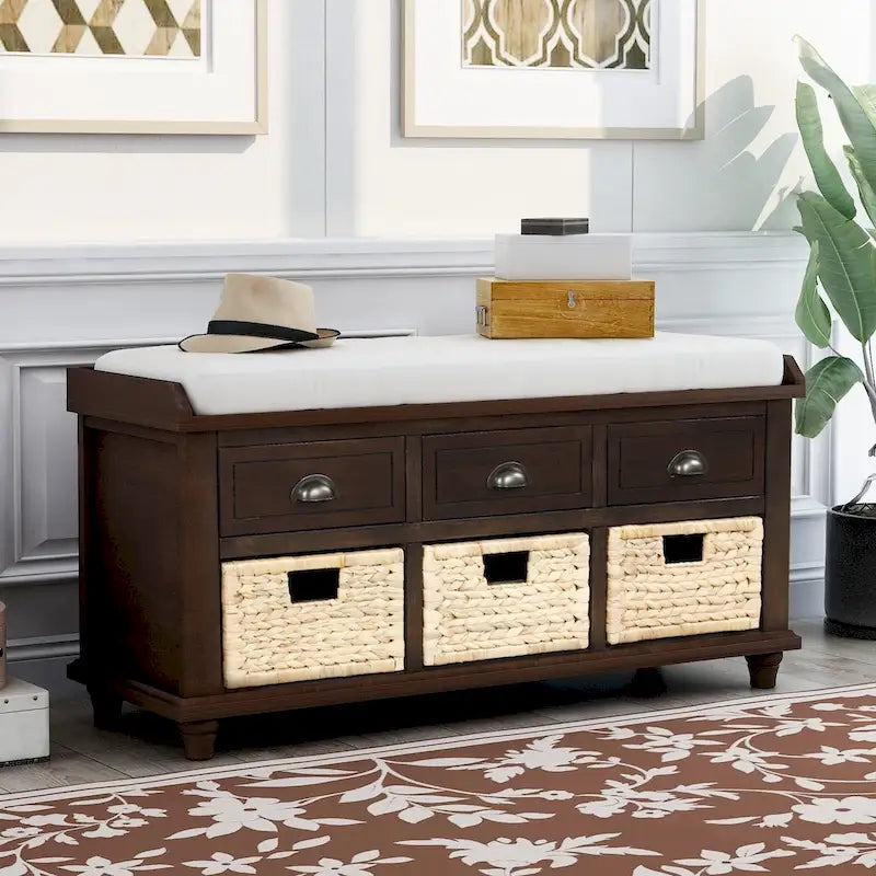 Rustic Storage Bench with 3 Drawers and 3 Rattan Baskets