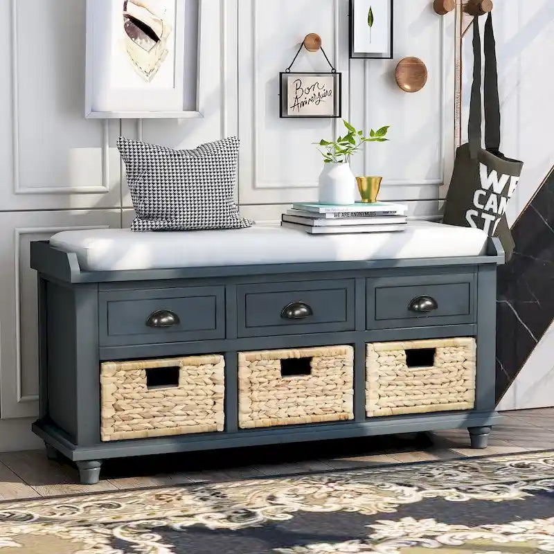 Rustic Storage Bench with 3 Drawers and 3 Rattan Baskets