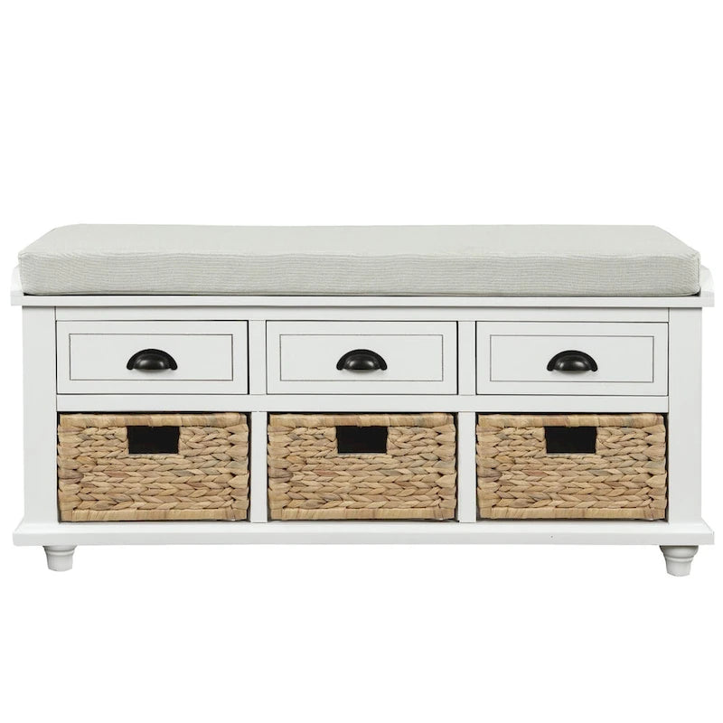 Banc de rangement rustique avec 3 tiroirs et 3 paniers en rotin