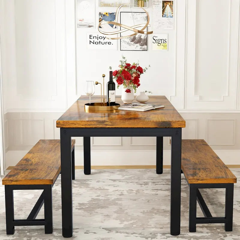 Mieres 3-Piece Dining Table Set with Two Benches, Kitchen Table Set for 4-6 Persons