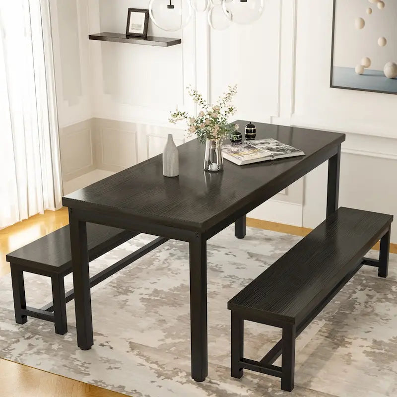 Mieres 3-Piece Dining Table Set with Two Benches, Kitchen Table Set for 4-6 Persons