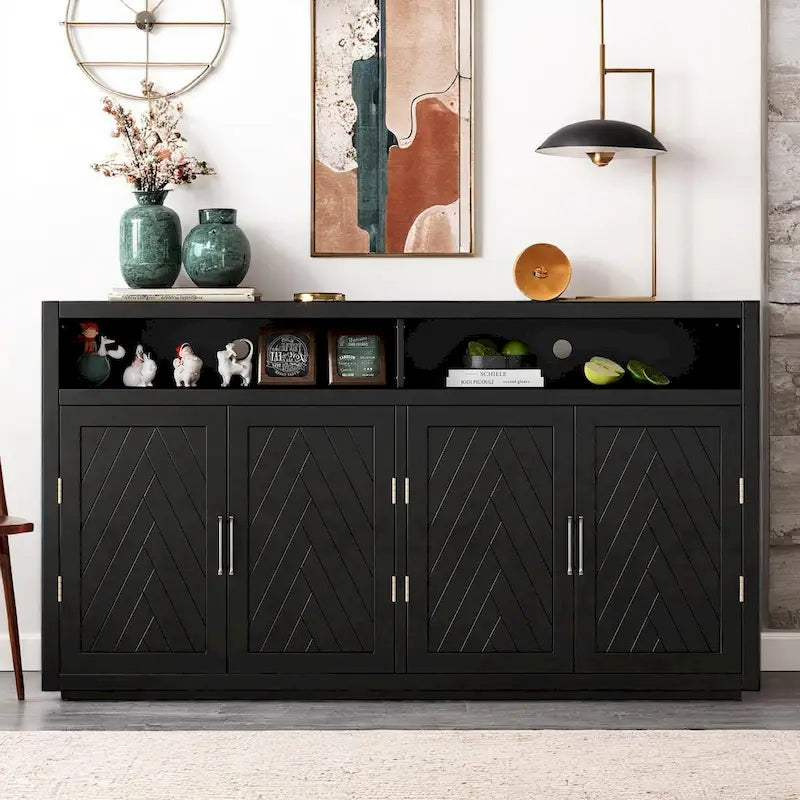 Bahut classique 4 portes avec rangement ouvert et étagères réglables, idéal pour les cuisines et les salons
