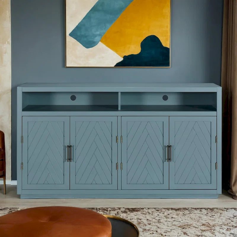 Bahut classique 4 portes avec rangement ouvert et étagères réglables, idéal pour les cuisines et les salons