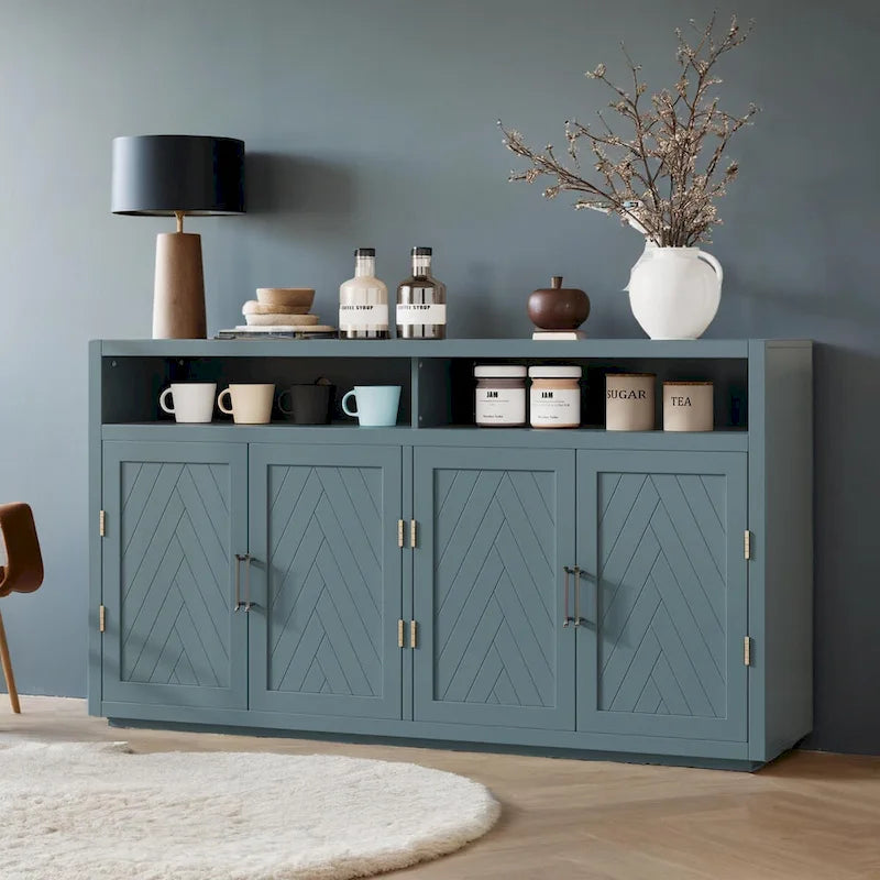 Bahut classique 4 portes avec rangement ouvert et étagères réglables, idéal pour les cuisines et les salons